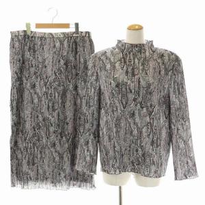 プリーツセットアップ 上下 ブラウス 総柄 長袖 スカート ロング 13+ グレー 緑 茶 グリーン ブラウン