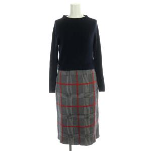 20AW チェックスカートワンピース ドッキング ロング ミモレ丈 長袖 ニット切替 タイト ラメ F ネイビー マルチカラー