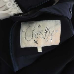 Chesty フラワービジューワンピース シフォンプリーツカラー フレア ミモレ丈 ロング 長袖 パールビジュー装飾 0 紺 ネイビー