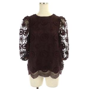 21AW チュール刺繍トップ ブラウス プルオーバー 五分袖 36 バーガンディ