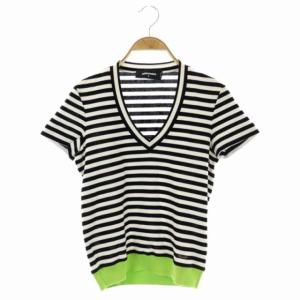 裾切替 ボーダー Vネック トップス カットソー 半袖 S 黒 白 黄緑 ブラック ホワイト イエローグリーン