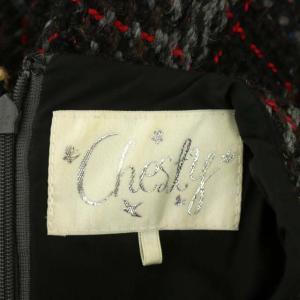 Chesty ノースリーブ 花刺繍チェック柄 ワンピース セミフレア ミディ ひざ丈 ウール混 0 グレー 黒 ブラック マルチカラー