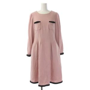 ポケットリボンワンピース ラウンドネック 長袖 ロング ウール 38 ピンク 黒 ブラック