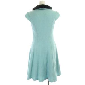 TOCCA ウールシルク ジップワンピース フレア ミディ ひざ丈 エコファー衿付き フレンチスリーブ 0 水色 ライトブルー オフホワイト