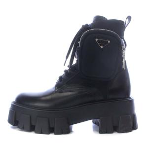 PRADA モノリス ブラッシュドロイスレザー コンバットブーツ ショート プラットフォーム 24cm 黒