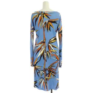 Emilio Pucci シルク混総柄ワンピース ロング 長袖 ボートネック USA4 ライトブルー マルチカラー