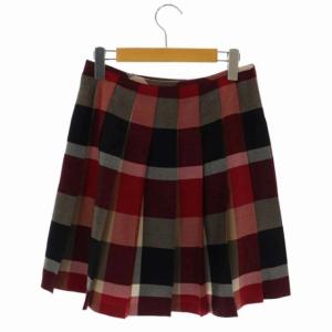 BLUE LABEL CRESTBRIDGE ラップスカート プリーツ フレア ミニ チェック ウール 38 赤 黒 レッド ベージュ ブラック