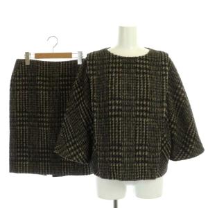 ウール千鳥格子プルオーバー×スカートセットアップ 上下 カットソー 七分袖 タイト 膝丈 38 黒 ベージュ