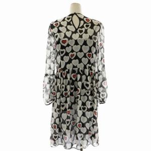 EMPORIO ARMANI ハート柄シアーワンピース 膝丈 フレア 長袖 クルーネック 総柄 USA40 黒 ブラック 白 ホワイト 赤 レッド