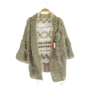 ボンボンブローチ付き カーディガン 羽織 ニット 七分袖 ノーボタン ウール混 M グレージュ