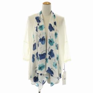 GRACE CONTINENTAL スカーフ切替カーディガン 七分丈 花柄 ノーボタン 36 白 青 ホワイト ブルー
