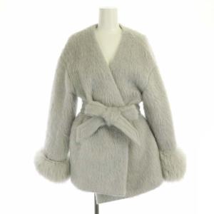 ファー付シャギージャケット コート アウター ショート 総裏地 ノーカラー アルパカ混 モヘヤ混 ウール混 34 グレー