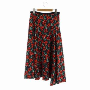 Drawer フラワープリントフレアスカート ロング 花柄 シルク混 38 チャコール オレンジ グリーン