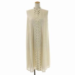 21SS Aラインプリーツワンピース ひざ丈 ノースリーブ 38 オフホワイト 黒 ブラック