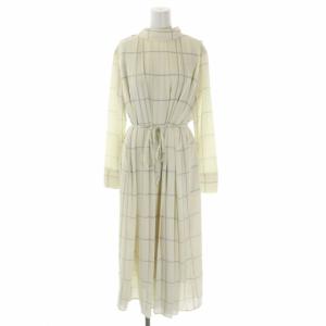 21AW 2WAYプリーツワンピース 長袖 ロング ボウタイ チェック ベルト付き 36 アイボリー