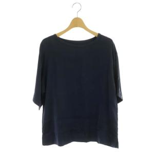 22SS ウォッシャブルシルクサテンTブラウス カットソー 半袖 プルオーバー クルーネック 36 紺 ネイビー