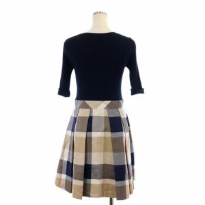 BLUE LABEL CRESTBRIDGE ドッキングワンピース リブニット 半袖 フレア タック ミニ チェック ラウンドネック 38 紺 ベージュ ネイビー