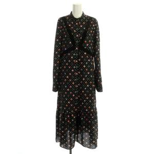 23SS シャツワンピース ロング 長袖 総柄 ドット レース切替 ギャザー キャミソール付き 36 ブラック マルチカラー