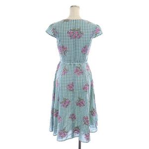 TOCCA 21SS MUGET ドレス ワンピース Vネック 半袖 ロング チェック フレア リボンベルト付き 刺繍 0 スカイブルー