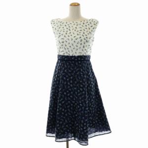 BLANC BLEU ドレス ワンピース ノースリーブ フレア 膝丈 カットワーク 総柄 ボートネック 0 白 紺 ホワイト