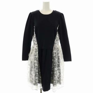 Organdie Flower Lace Onepiece ワンピース ひざ丈 刺繍 切替 長袖 1 黒 白 ブラック ホワイト