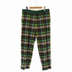 ウール カシミヤ チェックパンツ テーパード センタープレス 40 緑 グリーン マルチカラー