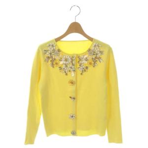 ビジュー付きカーディガン ニット 長袖 クルーネック 丸首 スナップボタン 36 黄色 イエロー
