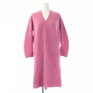 ニットワンピース ウール 長袖 ストレート 膝丈 Vネック M ピンク