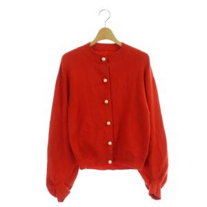 ニット コットン カーディガン パール クルーネック M オレンジ