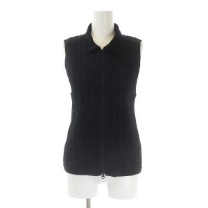 イッセイミヤケ ISSEY MIYAKE ブラウス カットソー プリーツ ノースリーブ ジップアップ 襟付き 3 黒 ブラック