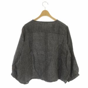 fog linen work ノーカラーチェックシャツ ブラウス リネン 前開き 長袖 九分袖 黒 白 ブラック ホワイト