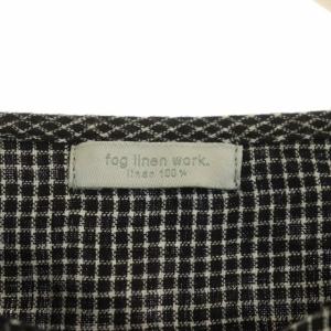 fog linen work ノーカラーチェックシャツ ブラウス リネン 前開き 長袖 九分袖 黒 白 ブラック ホワイト