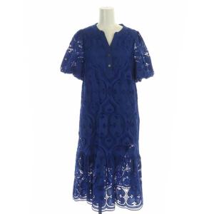 22SS カットワークワンピース 総レース ロング ティアード フレア 半袖 スキッパー 刺繍 36 青 ブルー