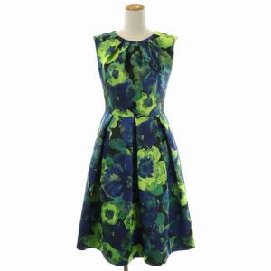 フラワージャガードドレス ワンピース フレア タック ひざ丈 ノースリーブ 36 黄緑 青 黒 ライトグリーン ブルー ブラック