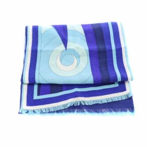 Emilio Pucci マフラー ストール フリンジ 総柄 ウール シルク混 青 ブルー 水色 ライトブルー 白 ホワイト