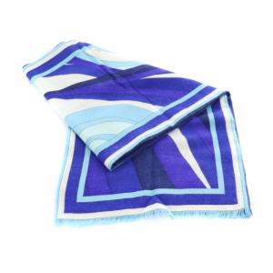 Emilio Pucci マフラー ストール フリンジ 総柄 ウール シルク混 青 ブルー 水色 ライトブルー 白 ホワイト