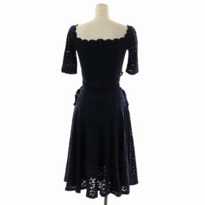 SNIDEL レースアップレースワンピース 半袖 フレア 膝丈 スカラップ スクエアネック F 紺 ネイビー