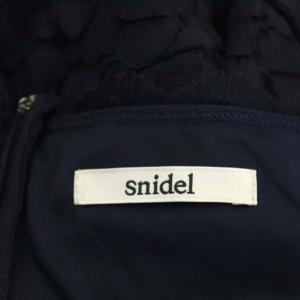 SNIDEL レースアップレースワンピース 半袖 フレア 膝丈 スカラップ スクエアネック F 紺 ネイビー