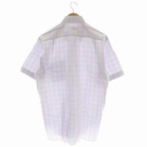 Ermenegildo Zegna チェック柄BDシャツ 半袖 ボタンダウン 前開き コットン 43/17 オフホワイト ライトブルー オレンジ色