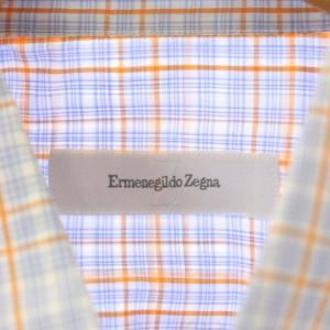 Ermenegildo Zegna チェック柄BDシャツ 半袖 ボタンダウン 前開き コットン 43/17 オフホワイト ライトブルー オレンジ色