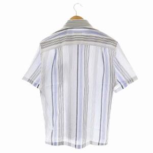 LANVIN コレクション COLLECTION マルチストライプ 半袖BDシャツ ボタンダウン 前開き リネン混 L 白 ホワイト ライトブルー