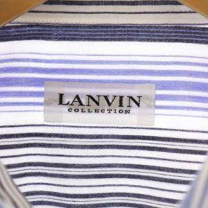 LANVIN コレクション COLLECTION マルチストライプ 半袖BDシャツ ボタンダウン 前開き リネン混 L 白 ホワイト ライトブルー