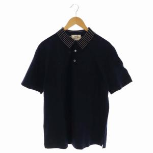 襟ボーダー Hロゴ刺繍 鹿の子 ポロシャツ カットソー 半袖 XL 紺 ネイビー ベージュ