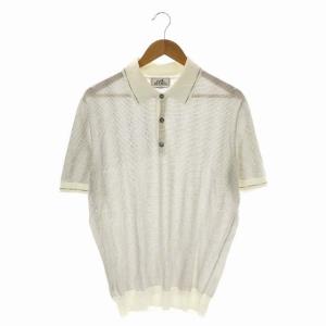 コットン ニット ポロシャツ カットソー 総柄 半袖 L 白 ホワイト グレージュ