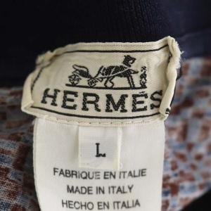 HERMES 総柄 ポロシャツ カットソー 半袖 L 茶 紺 ブラウン ネイビー