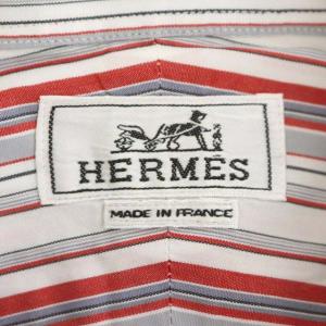 HERMES マルチストライプ 半袖 シャツ コットン 17 43 白 赤 グレー ホワイト レッド