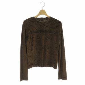 ベロア ロゴ トップス カットソー 長袖 プルオーバー クルーネック I44 茶 ブラウン