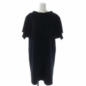 バックボタンワンピース ラウンドネック 半袖 ひざ丈 36 紺 ネイビー
