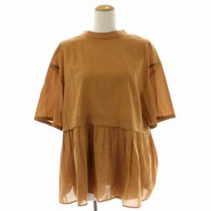 21SS ペプラムデザインブラウス 五分袖 クルーネック プルオーバー 茶色 ブラウン