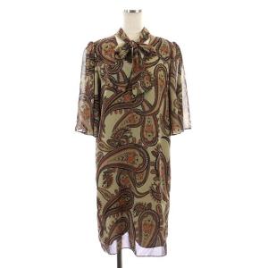 ペイズリー ボウタイ ワンピース Vネック 七分袖 ひざ丈 シアー 総柄 36 モカ マルチカラー